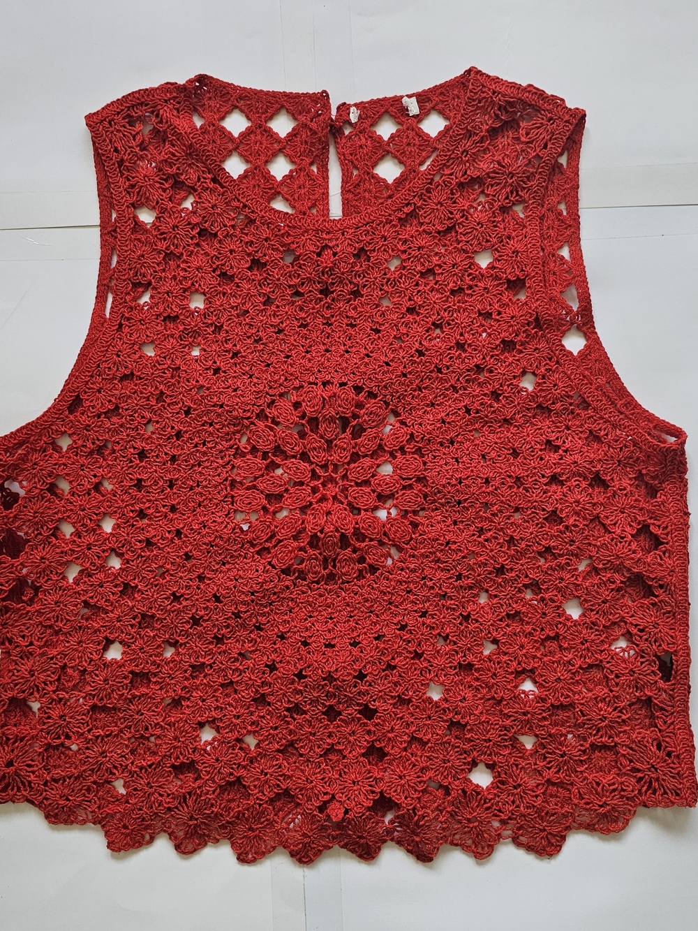 Women's Red Crochet Tank Top with Floral Medallion